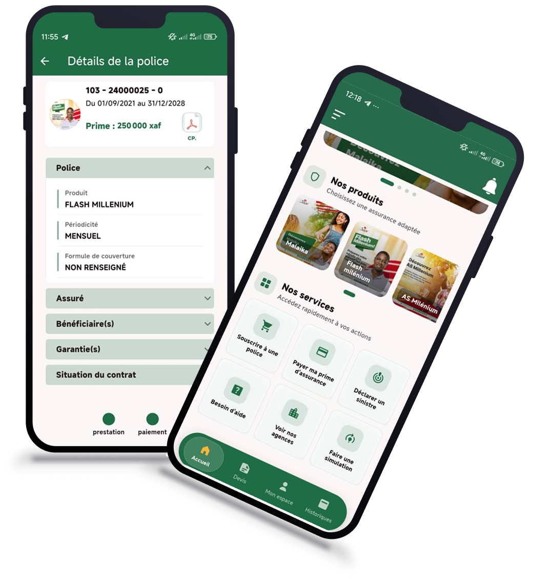 Aperçu de l'écran d'accueil de l'application Saar, avec les produits et services disponibles